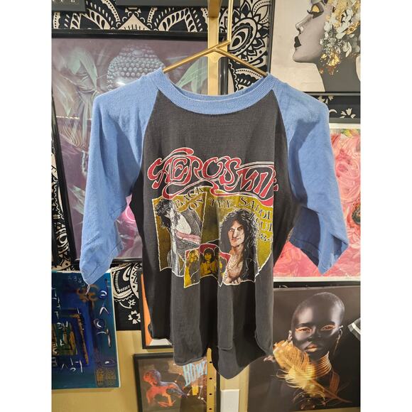 Rare Vintage 1984 Aerosmith Back On The Saddle Tour Raglan Band Tee Size Medium